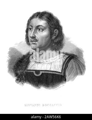 L'italien a célébré l'humaniste de la Renaissance, poète et écrivain GIOVANNI BOCCACCIO ( 1313 - 1375 ) . Portrait gravé en 1837 par Caterina Piotti Pirol Banque D'Images