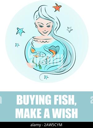 Fille avec de longs cheveux et un aquarium avec de l'or, poisson rouge. Une femme fait un souhait, des rêves. Signe zodiaque poissons. Illustration, concept, logo, banne verticale Illustration de Vecteur