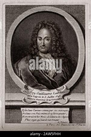 1716 CA , ALLEMAGNE : le philosophe allemand , juriste , diplomatique et glottologue Gottfried Wilhelm Baron von Leibniz ( 1646 - 1716 ) . Gravure Banque D'Images