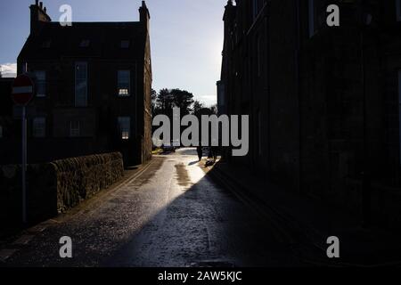 St ANDREWS, ECOSSE - 21/1/2020 - une vue sur le wynd de Granie clark, la route qui s'étend sur les 18ème/1ère fairways de l'ancien cours Banque D'Images