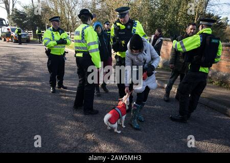 Denham, Royaume-Uni. 6 Février 2020. Des policiers se déplacent sur des militants de l'environnement de la vallée de Save the Colne, Arrêtez le HS2 et la rébellion de l'extinction qui marchaient à un rythme escargot le long d'une route afin de bloquer pendant plusieurs heures un véhicule de sécurité et un camion livrant des clôtures et d'autres fournitures à utiliser pour les travaux associés à la liaison ferroviaire à grande vitesse du HS2 près de la rivière Colne at Denham Ford. Certains militants ont également recueilli de la litière au cours de l'action. Crédit: Mark Kerrison/Alay Live News Banque D'Images