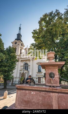 Quatre Lions Fountain, 1799, style baroque, devant la cathédrale orthodoxe de Saint-Nicolas, 1762, Sremski Karlovci, Voïvodine, Serbie Banque D'Images