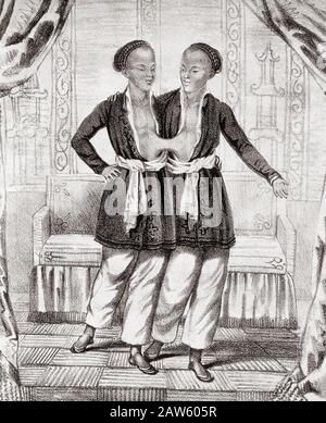 1830 , LONDRES , GRANDE-BRETAGNE : les célèbres jumeaux SIAMOIS Chang et Eng BUNKER (1811 - 1874) se sont réunis à EGYPTIAN HALL Banque D'Images