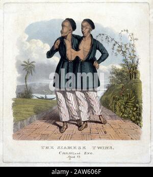 1829 , LONDRES , GRANDE-BRETAGNE : les célèbres jumeaux SIAMOIS Chang et Eng BUNKER ( 1811 - 1874 ), âgés de 18 ans , se sont réunis en f Banque D'Images