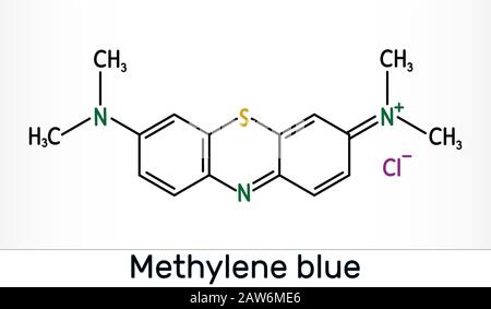 Bleu de méthylène, chlorure de méthylthioninium, molécule C16H18ClN3S. Il est utilisé pour traiter la méthémoglobinémie. Formule chimique du squelette. Illustrati Banque D'Images