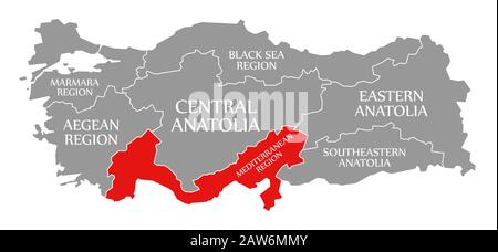 Région méditerranéenne rouge mis en évidence sur la carte de la Turquie Banque D'Images