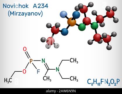 Novochok A-234 , organophosphoré, agent nerveux, selon Mirzayanov, molécule de C8H2P. Formule chimique structurelle et modèle de molécule. Vecteur Illustration de Vecteur