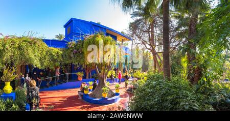 Le magnifique Jardin Majorelle est un jardin botanique, le jardin tropical et l'artiste jardin paysage à Marrakech, Maroc. Banque D'Images