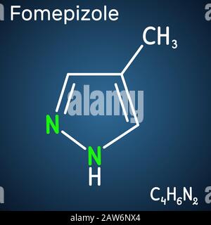 Fomépizole, 4-méthylpyrazole, molécule de Ca-6N2. Il est utilisé pour traiter l'empoisonnement au méthanol et à l'éthylène glycol. Formule chimique structurelle sur le bleu foncé Illustration de Vecteur