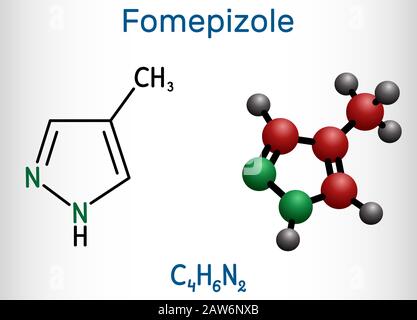 Fomépizole, 4-méthylpyrazole, molécule de Ca-6N2. Il est utilisé pour traiter l'empoisonnement au méthanol et à l'éthylène glycol. Formule chimique structurelle et molécule Mo Illustration de Vecteur