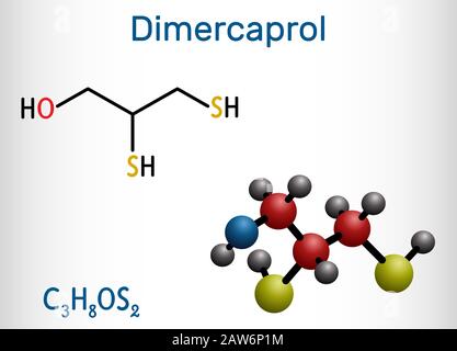 Dimercaprol, bal, anti-Lewisite britannique, C3H8O2, molécule. Il s'agit d'un agent chélatant, antidote contre le lewisite des gaz toxiques. Formule chimique structurelle A Illustration de Vecteur