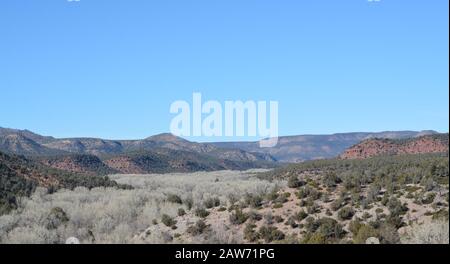 Belle vue d'hiver des Arbres et de la vallée de Cottonwood à Carrizo dans le canyon de Salt River, le comté de Gila, Apache Indian Reservation, l'est de l'Arizona Banque D'Images