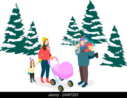 Famille isométrique caucasienne vectorielle avec deux enfants et poussette en vêtements d'hiver à l'extérieur dans la forêt Illustration de Vecteur