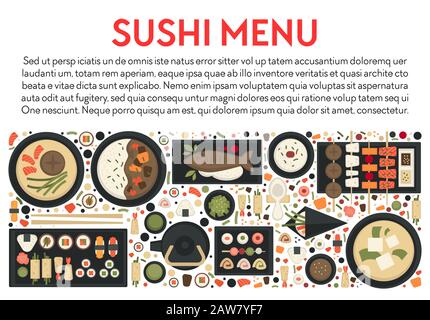 Menu de sushis et bannière alimentaire japonaise, fruits de mer et thé vert Illustration de Vecteur