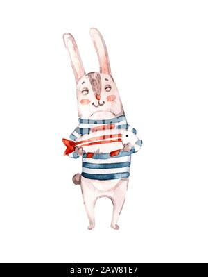 Joli lapin Sailor, illustration d'aquarelle peinte à la main. Animal peint à la main de dessin animé. Peut être utilisé pour le motif de chemise pour enfant ou bébé, prin de mode Banque D'Images