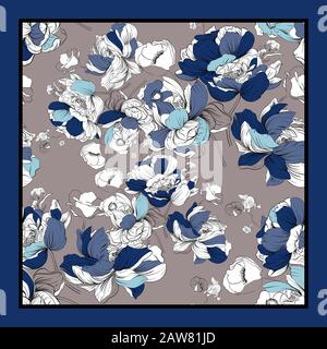 Écharpe en soie pour tissus, textiles, papier, papier peint, toile. Pivoines, orchidées rétro vintage style ornement fleuri Banque D'Images