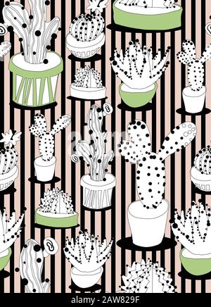Répétition transparente avec cactus sur fond rayé. Illustration de Vecteur