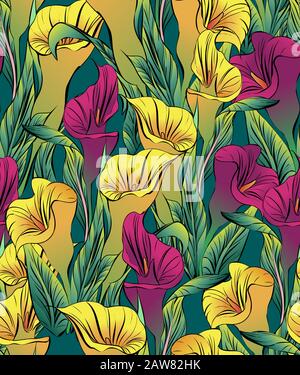 incroyablement beau, juteux, lumineux, vecteur de motif avec des fleurs tropicales - calla lilas. Illustration de Vecteur