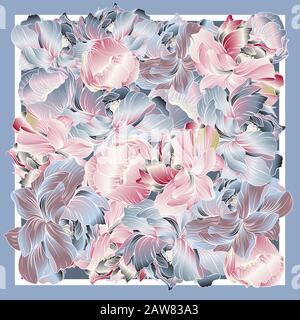 Couleurs délicates du foulard en soie avec pivoine à fleurs. Illustration de Vecteur