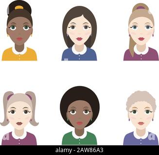 Ensemble d'avatars divers isolés sur fond blanc. Différents vêtements et styles de cheveux. Illustration de Vecteur