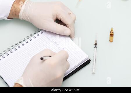 Main d'un médecin portant des gants pour écrire le virus Corona, bureau avec seringue et vaccin Banque D'Images