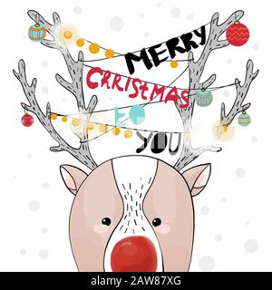 Joyeux Noël texte vectoriel calligraphique Lettering modèle de carte avec renne. Illustration de Vecteur