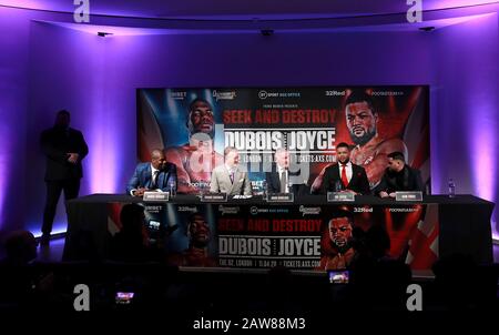 Daniel Dubois (gauche), Frank Warren (centre-gauche), John Rawling (centre), Joe Joyce (centre-droit) et Sam Jones lors de la conférence de presse à BT Tower, Londres. Banque D'Images