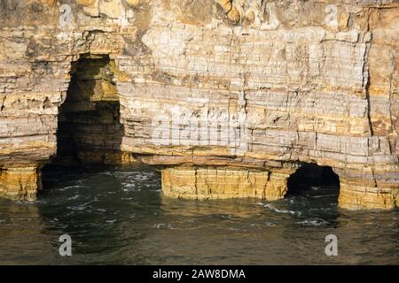 Grottes de mer à marée haute à la périclase fortement érodée et aux falaises de calcaire magnésiennes de Marsden Rock sur la côte entre Whitburn et South Shields Banque D'Images