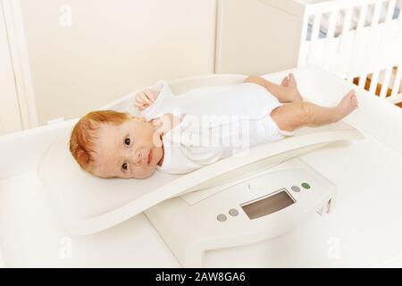 Un petit garçon de bébé se pose sur la balance pour mesurer le poids du corps à la maison Banque D'Images