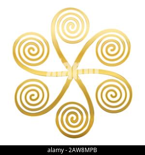 Symbole en forme d'étoile dorée avec six spirales arithmétiques linéaires, en spirales Archimediennes, connectées au centre, semblant tourner dans le sens horaire. Banque D'Images