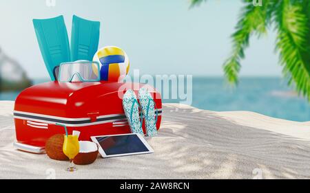 Voyage sur fond avec un chariot rouge sur une plage blanche et solitaire. rendu tridimensionnel Banque D'Images