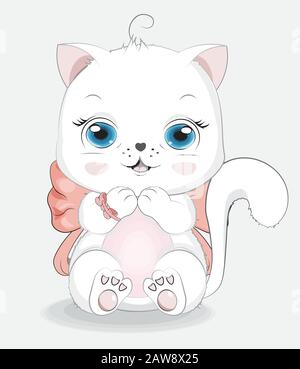 Joyeux Chat Blanc Fille Chaton Avec Noeud Dessin A La Main Style Dessin Anime Pour T Shirt Porter Imprime Mode Carte D Anniversaire De Vœux Carte Postale Image Vectorielle Stock Alamy