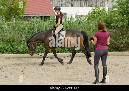 Leçon d'équitation en fente, une fille portant un casque et un protecteur de dos de cheval sur poney allemand Banque D'Images
