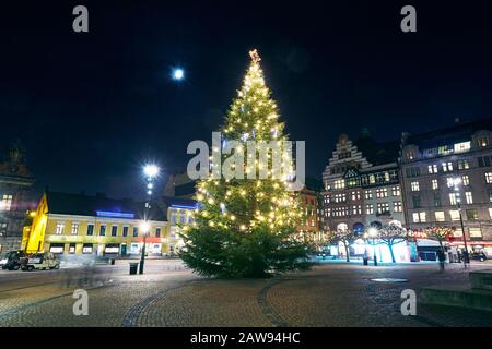 Arbre de Noël dans la place principale de Stortoget de Malmo illuminé la nuit Banque D'Images