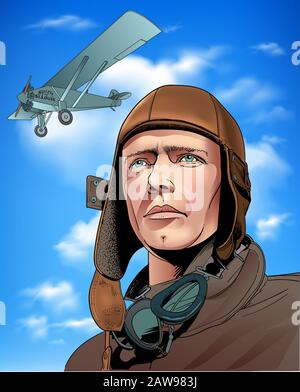 Charles Augustus Lindbergh était aviateur américain, officier militaire, auteur, inventeur et militant. Illustration de Vecteur