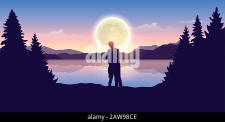 Jeune couple ressemble à la pleine lune au magnifique lac illustration vecteur EPS10 Illustration de Vecteur