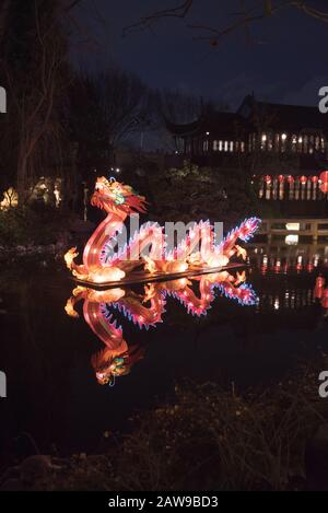 La célébration du nouvel an lunaire chinois aux jardins Lan su de Portland, Oregon, est pleine de lumière et de drame. Banque D'Images