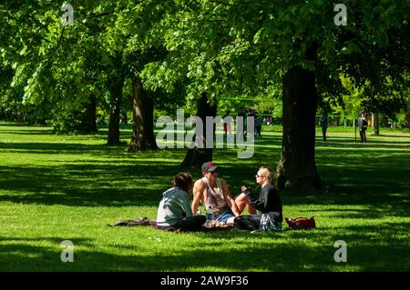 Les jeunes bavardent dans le parc assis sur l'herbe. Banque D'Images