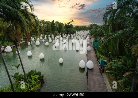 Singapour. Janvier 2020. La Fonctionnalité ensemble de l'installation numérique sur le lac Dragonfly au coucher du soleil Banque D'Images