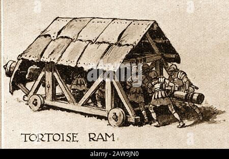 Illustration des années 1940 montrant des armes de combat historiques - La Ram tortue. Il a été conçu pour briser des murs ou des fortifications ouverts et détruire des passerelles en bois. Banque D'Images