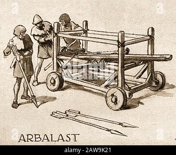 L'illustration des années 1940 montrant des armes de combat historiques - Arbalast /Arblast / Arbalist ou arbalest était une machine à tir à arc croisé, dans ce cas une version à usage intensif pour une utilisation sur le champ de bataille complète avec des boulons ou des flèches géantes. Banque D'Images