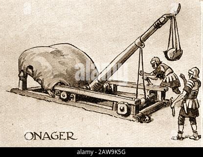 Illustration des années 1940 montrant des armes de combat historiques - L'Onager (Catapult). Il s'agissait d'un moteur de siège à torsion de l'époque impériale romaine mentionné en 353 AD par Ammianus Marcellinus. Également appelé Scorpion. Il prend son nom (onager = mule) de la façon dont le moteur démarre alors qu'il catapulte les pierres ou d'autres missiles. Banque D'Images