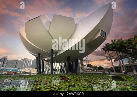 Singapour. Janvier 2020. Bâtiment du musée ArtScience à Marina Bay