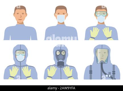 Équipement de protection individuelle contre les menaces biochimiques. Différents niveaux de protection. Illustration de Vecteur