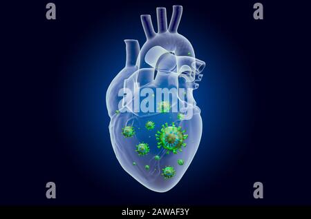 Cœur avec virus, effet de lumière fantôme, hologramme de rayons X. Rendu tridimensionnel sur fond bleu foncé Banque D'Images