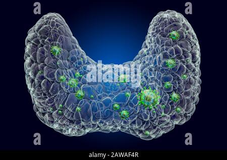 Glande thyroïde avec virus, effet de lumière fantôme, hologramme de rayons X. Rendu tridimensionnel sur fond bleu foncé Banque D'Images