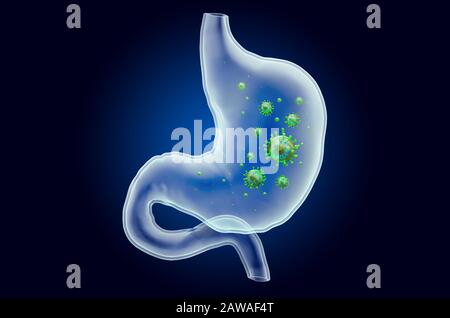 Estomac avec virus, effet de lumière fantôme, hologramme de rayons X. Rendu tridimensionnel sur fond bleu foncé Banque D'Images
