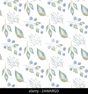 Bleu fleur sauvage motif bleu bleu bleu bleu bleu bleu bleu bleu bleu bleu bleu bleu bleu bleu bleu bleu bleu bleu bleu bleu bleu Flore aquarelle texture avec brindilles et feuilles sur fond blanc. Joli dos girly floristique Banque D'Images
