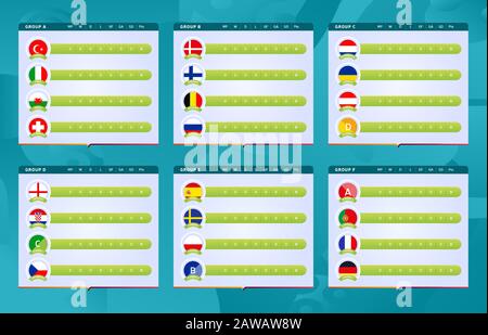 Les groupes de finale de tournoi de football 2020 ont un tableau de scores ou des modèles de tableaux de bord illustration de stock vectoriel. Tournoi européen de football 2020 avec backg Illustration de Vecteur