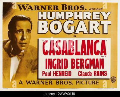 1942 : l'affiche originale de la publicité BRITANNIQUE pour le film CASABLANCA par MICHAEL CURTIZ , avec HUMPHREY BOGART et INGRID BERGMAN . - Grande-Bretagne Banque D'Images